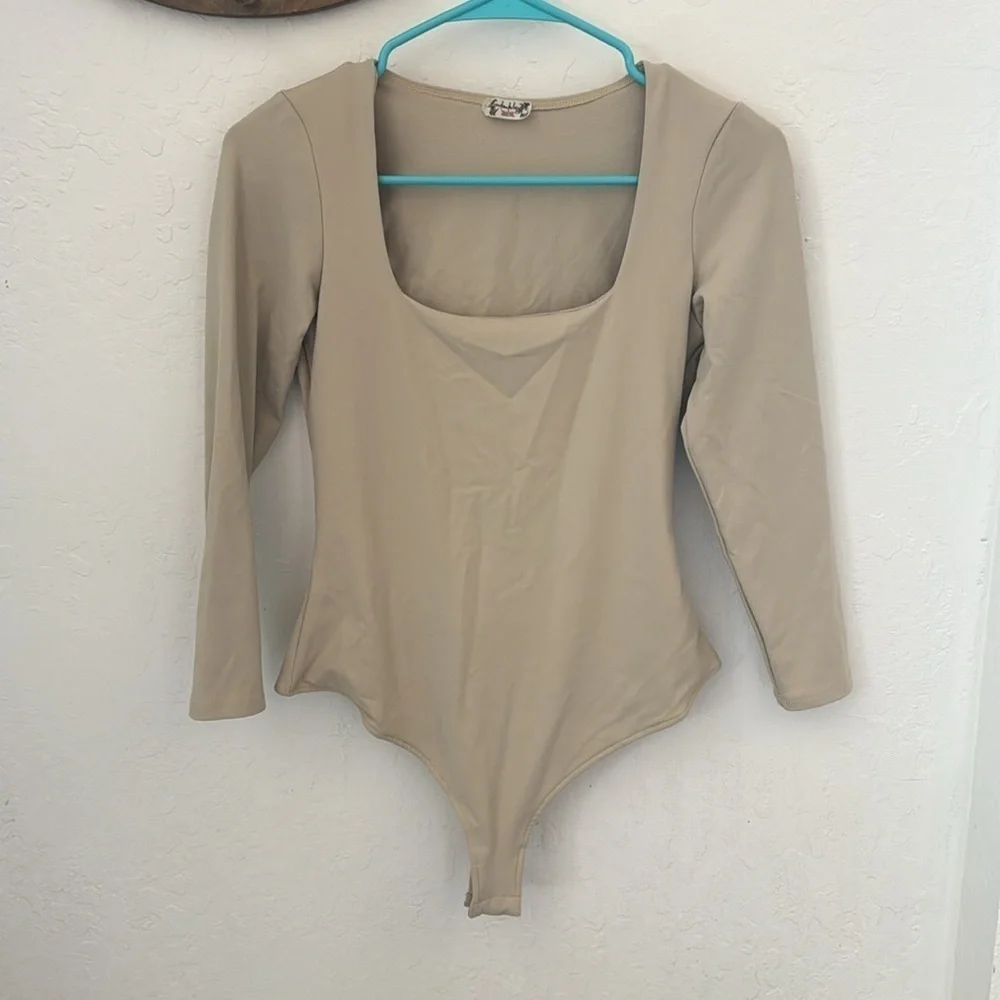 Free People Intimately Truth Square Neck Bodysuit Long Sleeve Stone Gray Tan S